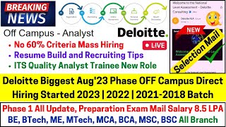 Deloitte Biggest Aug23 Phase OFF Campus Direct New Hiring 2023 20222018 Exam Selection Mail 85LPA [upl. by Omixam63]