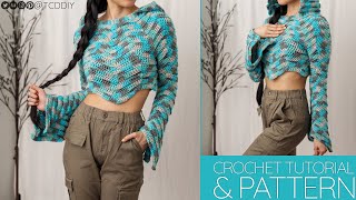 How to Crochet Bell Sleeve Cropped Hoodie  Pattern amp Tutorial DIY [upl. by Ardnasac]