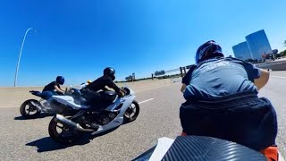 Yamaha R6 amp Kawasaki 636 vs a pack of Suzuki GSXR 750’s [upl. by Aibara]