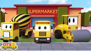 Construction vehicles build supermarket —excavator wheel loader and driller truck for kids [upl. by Symons]