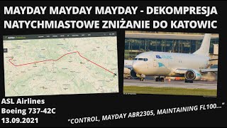 ASL 73742 Dekompresja kabiny MAYDAY zniżanie do Katowic EMERGENCY WITH DEPRESSURISATION [upl. by Eimmas461]