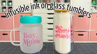 How to use Cricut infusible ink on glass tumblers tutorial  Frosted or clear glass can tumblers [upl. by Atterahs]