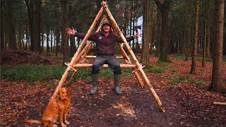 Building a Bushcraft and Survival Shelter with Hand Tools  Raised Bed  Bark Roof  Dog [upl. by Ytteb]