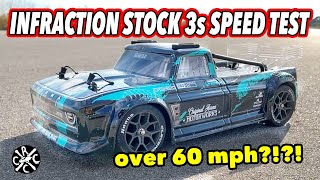 Box Stock ARRMA Infraction 3s Hits Over 60mph Speed Test On 3s 5000mah 100C Spektrum G2 Battery [upl. by Boyt]