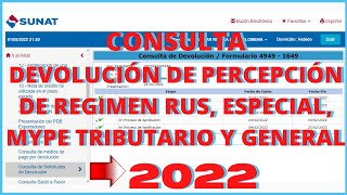 Consulta de Solicitudes de Devolución Percepción SUNAT 2022 I Regímenes Rus Especial Mype General [upl. by Tann]