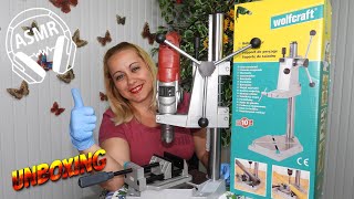 ASMR Whats in the Box  Unboxing amp Tapping  Wolfcraft Drill Stand and Clamping Jaw  Blue Gloves [upl. by Ronn719]