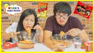 Extreme Spicy Noodle Challenge 2x Loser drinks Hot Sauce with Ryans Family Review [upl. by Haldes868]