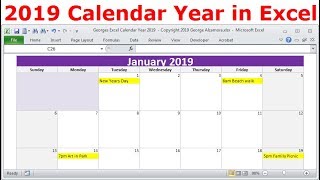 2019 Calendar Year in Excel 2019 Monthly Calendars Year 2019 Calendar with Holidays 2019 Planners [upl. by Ymassej770]