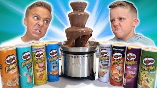 GIANT CHOCOLATE FOUNTAIN Game with HUGE PRINGLES CHIP SURPRISE  Candy Surprise Egg Hunt [upl. by Eugnimod]