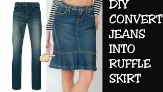 DIY CONVERT OLD JEANS INTO SKIRT IN 10 MINUTES [upl. by Catlaina58]