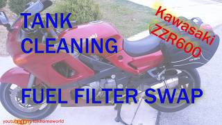 Gas tank cleaning petcock rebuild fuel filter swap 2004 Kawasaki ZZR600 [upl. by Saunderson138]