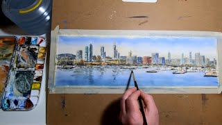 How to paint a cityscape in watercolour A simple panoramic city skyline painting [upl. by Ackler338]