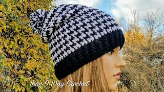 HOW TO CROCHET  SLOUCHY HAT  UNISEX HOUNDSTOOTH BEANIE  BAGODAY CROCHET Tutorial 438 [upl. by Werby622]