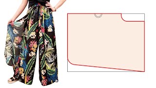 ⭐ Easy DIY Palazzo Pants with Skirt Overlay elastic belt Long culotte trousers cutting and sewing [upl. by Erdrich]