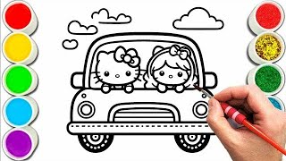 Hello Kitty And Mimmy in Car Easy and Cute Drawing Easy with Colours  part 709 [upl. by Hoffarth]