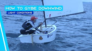 OPTIMIST SAILING  How To Gybe Downwind  Light Conditions [upl. by Hcone749]