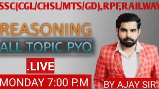 ALL TOPIC PYQ LIVE CLASS rpf ssccgl sscmts sscgd railwayntpc cet reasoning shorttricks [upl. by Anirol]