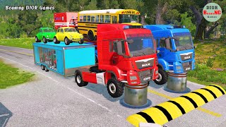 Double Flatbed Trailer Truck vs speed bumpsBusses vs speed bumpsBeamng Drive961 [upl. by Bunns]