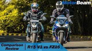 Yamaha R15 V3 vs Yamaha FZ25  Comparison Review  MotorBeam [upl. by Anirbus]