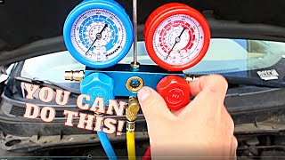 How to Recharge a Cars AC System Using a Manifold Gauge Set amp Vacuum Pump  Air Conditioning [upl. by Dodson]