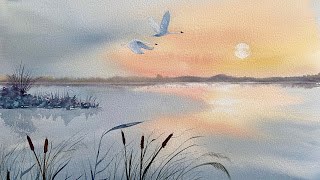 SUNSET MARSHLAND Reflections Beautiful Beginners Watercolor Landscape Painting Tutorial Watercolour [upl. by Gaudet]