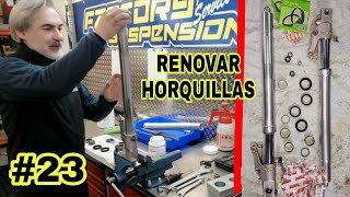 23 Reparar HORQUILLAS MOTO Cambiar Retenes Casquillos Aceite y MONTAR suspensiones GSXR 750 [upl. by Iseabal403]