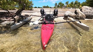 Ultimate Offshore Kayak Rig Twin Outboard Dual Outrigger Hobie Adventure Conversion Twin Suzukis [upl. by Enaek907]