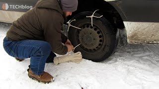 Comment sortir une voiture qui patine et se retrouve bloquée dans la neige avec une corde TECHBLOG [upl. by Magdalena]