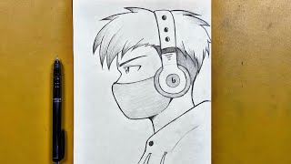 Easy anime sketch  how to draw a cool boy wearing headphones stepbystep [upl. by Adham]