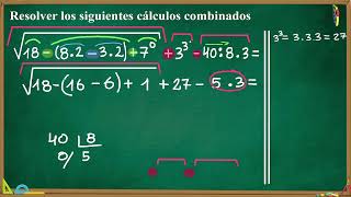 ejer D Cálculos COMBINADOS con POTENCIAS y RAÍCES con números NATURALES [upl. by Adnaval287]