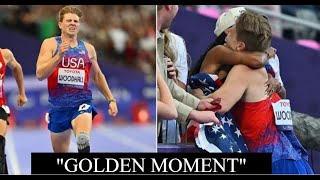 Hunter Woodhall and Tara Davis Woodhall Share Emotional Hug After His Gold Medal Win at Paralympics [upl. by Balmuth526]