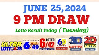 Lotto Result Today 9pm draw June 25 2024 658 649 642 6D Swertres Ez2 PCSOlotto [upl. by Ahsied703]