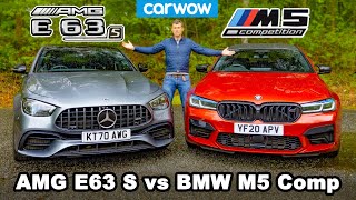 BMW M5 Comp vs AMG E63 S review amp 060mph 14mile brake and drift comparison [upl. by Yennaiv]