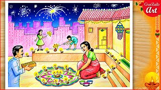 How to Draw Diwali scene Drawing  Indian festival poster  Deepawali painting  दिवाली का चित्र [upl. by Etteyafal]