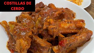 COSTILLAS DE CERDO GUISADAS  Costillas de cerdo en salsa roja [upl. by Atteyram775]