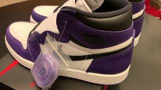 UNBOXING REVIEW AND ON FEET JORDAN 1 COURT PURPLE 2020 [upl. by Malsi]