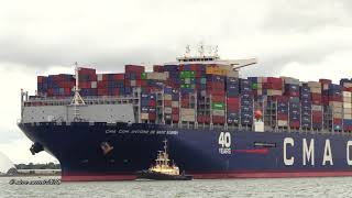 CMA CGM ANTOINE DE SAINT EXUPERY sails from Southampton for Antwerp 270818 [upl. by Aneles463]