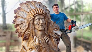 AMAZING CHAINSAW wood carving Native American with wolves [upl. by Tyre]