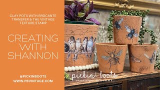 Decorating Clay Pots with the Brocante Transfer and the Vintage Texture Stamp by IOD [upl. by Ardnayek207]