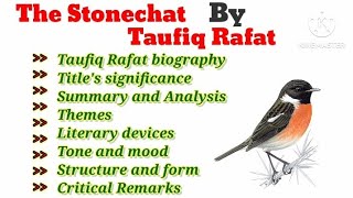 Stonechat by Taufiq Rafat analysis Titles significance ThemesLiterary devicesCritical Remarks [upl. by Morrison]