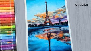 Easy Eiffel Tower Scenery Drawing amp Coloring with Oil Pastel  for Beginners [upl. by Lamb]