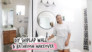 DIY SHIPLAP WALL  BATHROOM MAKEOVER [upl. by Wymore]