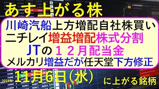 あす上がる株 2024年１１月６日（水）に上がる銘柄。川崎汽船が上方修正・増配・自社株買い、メルカリは増益だが。任天堂とニチレイ。JTの１２月配当金～最新の日本株情報。高配当株の株価やデイトレ情報～ [upl. by Nanahs]