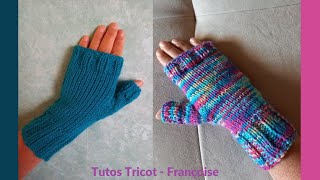 Tuto Tricot Mitaines avec pouce en 4 tailles avec 2 aiguilles droites facile en 1 seule pièce [upl. by Rekab757]