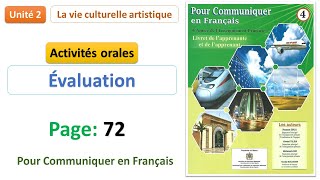 Activités orales Évaluation  Unité 2  Page 72  Pour Communiquer en Français 4AP [upl. by Imelida140]