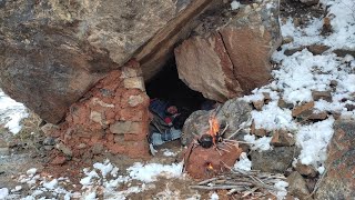 Snowy winter camping  rock shelter  cold winter weather asmr [upl. by Kcirderfla]