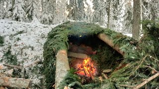 Bushcraft Survival Shelter Winter Camping in Deep Snow Outdoors Cooking Nature Sounds [upl. by Anahsat]