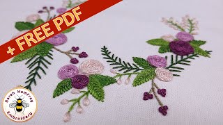 Wreath of Roses  FREE design download hand embroidery project  Ideal hand embroidery for beginners [upl. by Jeffie876]