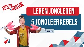 Leren jongleren met 5 jongleerkegels  Tutorial  Circusexpertnl [upl. by Arbmahs]