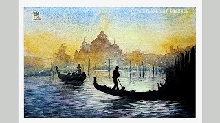 Easy Water Color Painting Boats in Cityscape [upl. by Prissy]